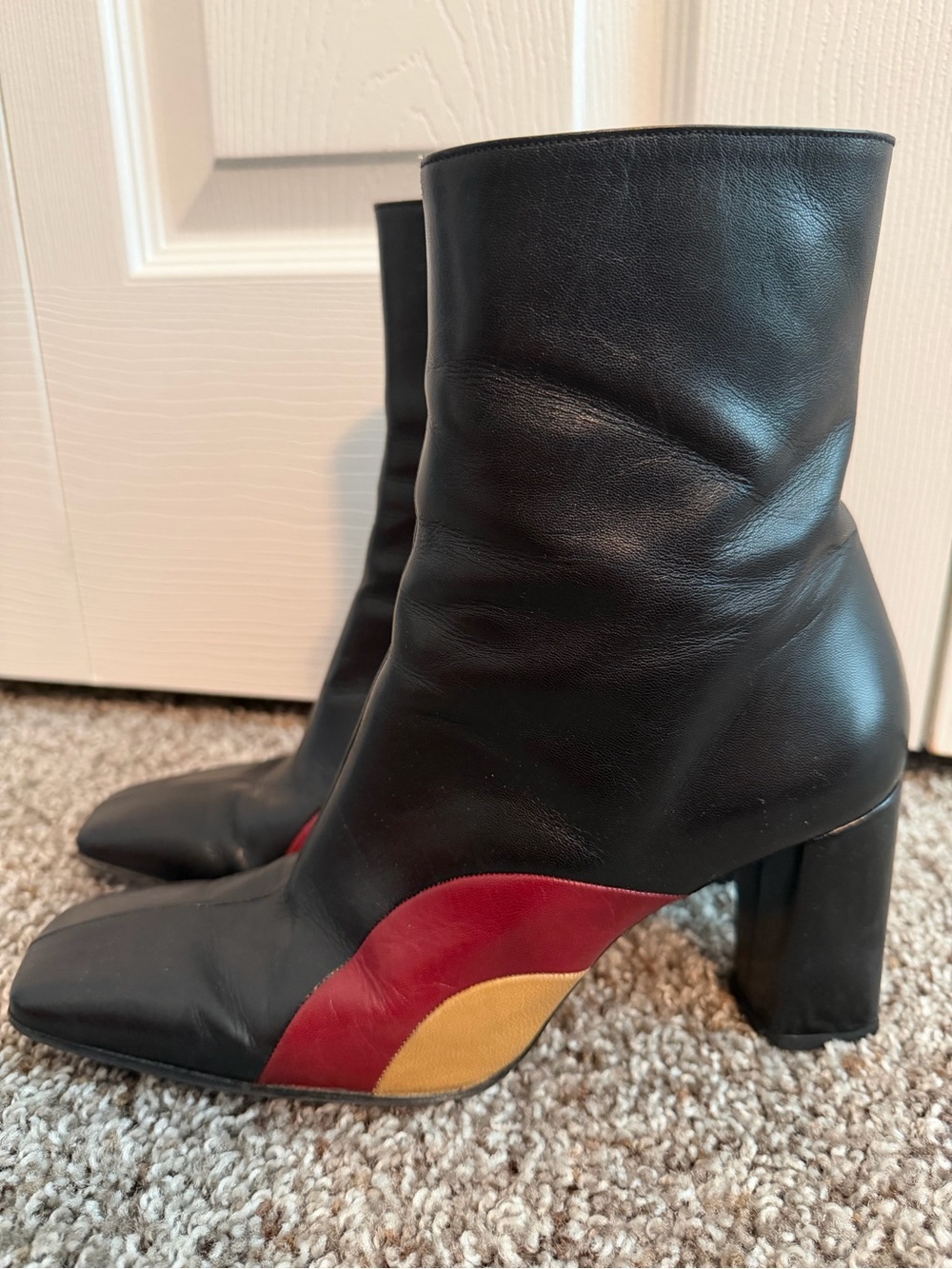 Charles Jourdan Black Leather Women's Boots with Red and Tan Accents